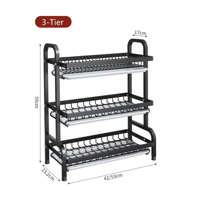 3-Tier XL Metal Dish Drying Rack (20.9” Wide) — Space-Saving Countertop Organizer with Removable Trays, Rust-Resistant Black Steel