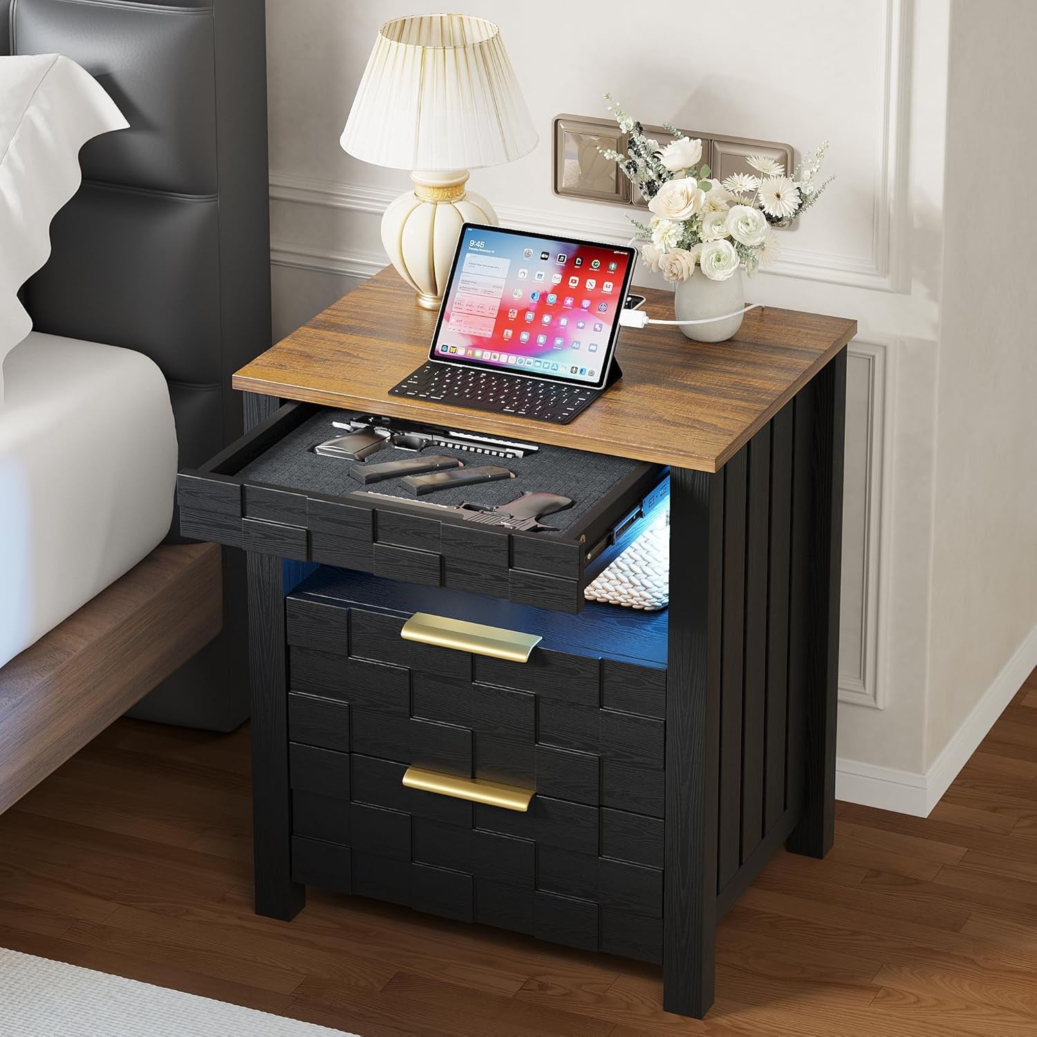 Nightstand with Gun Drawer, Bedside Table with Charging Station and 2 Drawers, Smart Side Table with 3-Color Human Sensor LED Lights for Bedroom, Black