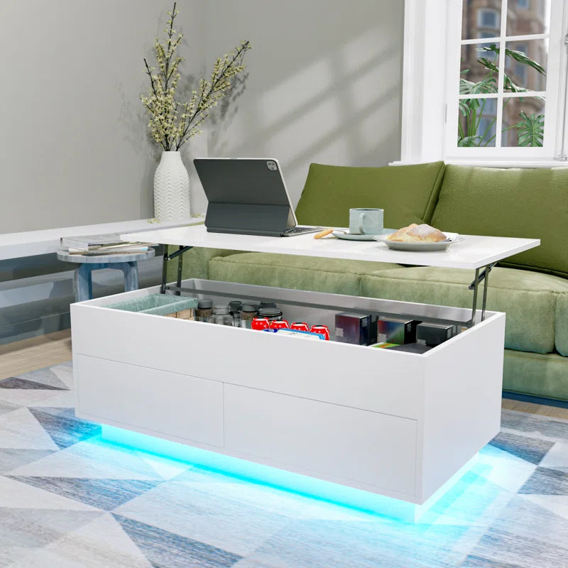 Aviad Lift Top Coffee Table with Multifunctional RGB LED Lights, Hidden Compartment and Drawers