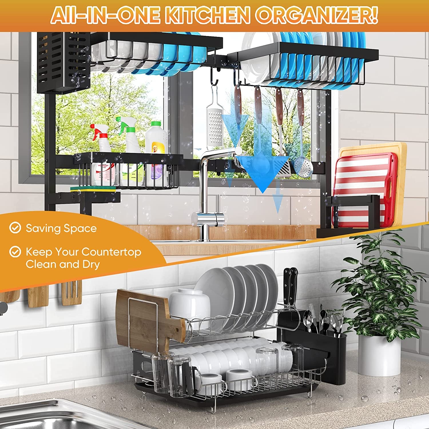 Adjustable Over Sink Dish Drying Rack with 2 Tiers - Stainless Steel Kitchen Counter Organizer