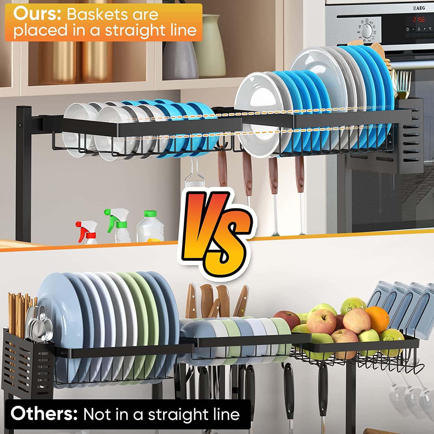 Adjustable Over Sink Dish Drying Rack with 2 Tiers - Stainless Steel Kitchen Counter Organizer