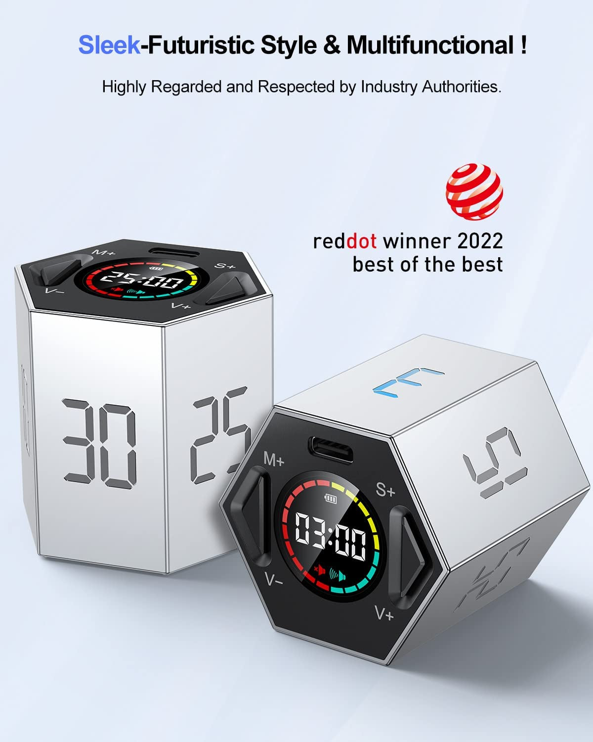Ticktime Pomodoro Timer Cube, Hexagon Productivity Timer, Pause & Resume, Silent & Adjustable Sound Alert, for ADHD, Task, Work, Study, 3/5/10/15/25/30Min & Custom Countdown - Gray