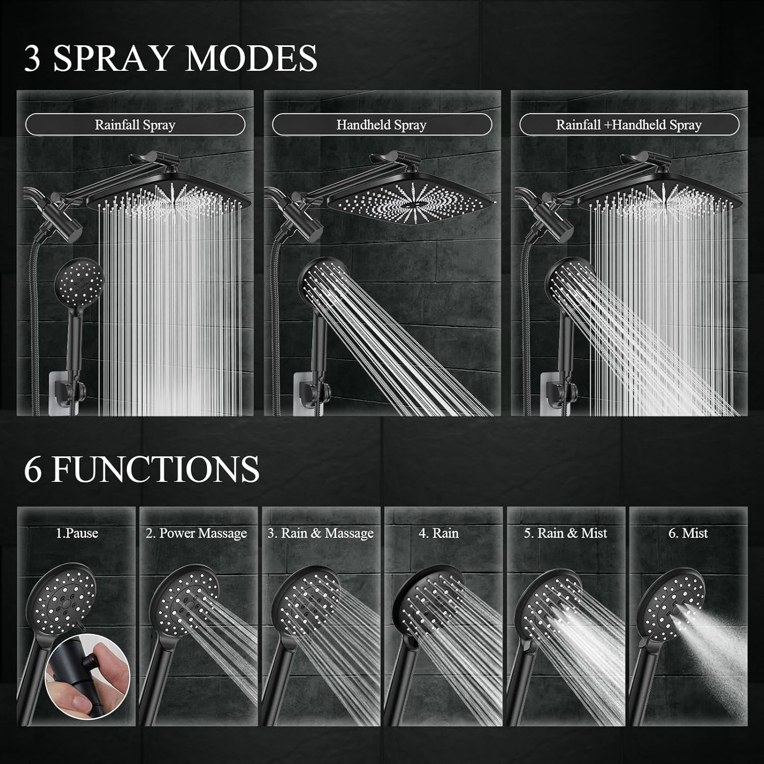 12 Inch High Pressure Rain Shower Head Combo with Extension Arm- Wide Rainfall Showerhead with 5 Handheld Water Spray