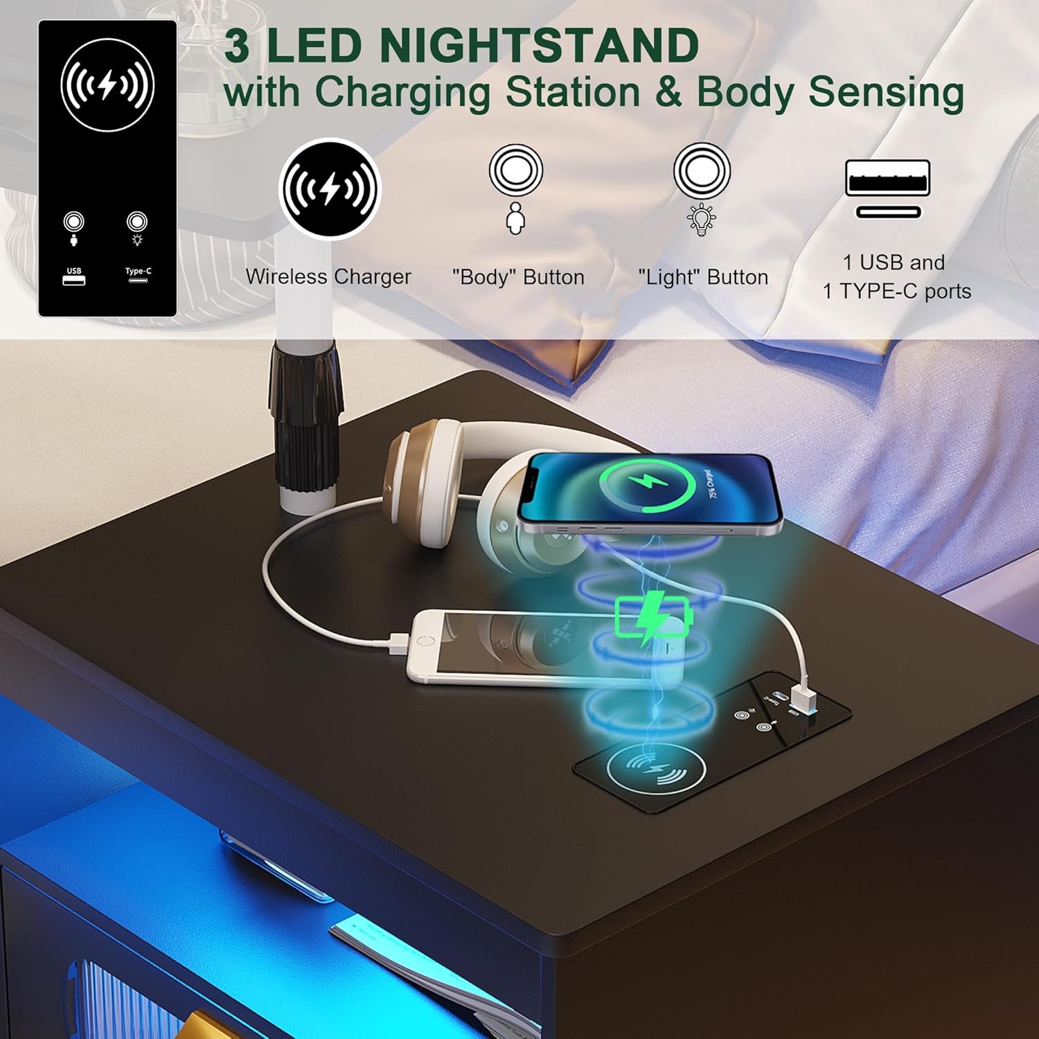 Nightstand with Wireless Charging Station, LED Nightstand Has Adjustable Rotary Workstation,Smart Night Stand with 2 Drawers,Modern Bedside Table for Bedroom, Sensor Light/Wheel (Black)