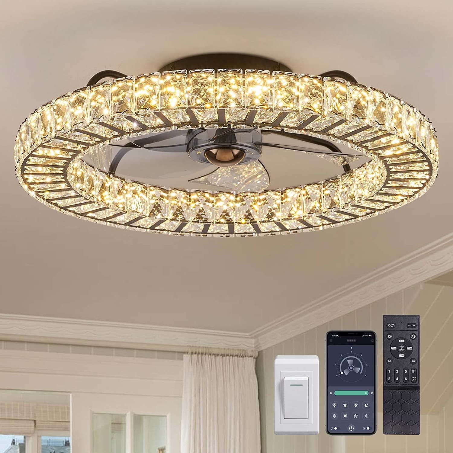 Flush Mount Ceiling Fan with Light, 22" Modern Crystal Chandelier Ceiling Fan with Smart 4-Light Color Change, Dimmable LED Ceiling Fan, 6 Wind Speeds, Low Profile Ceiling Fan for Bedroom