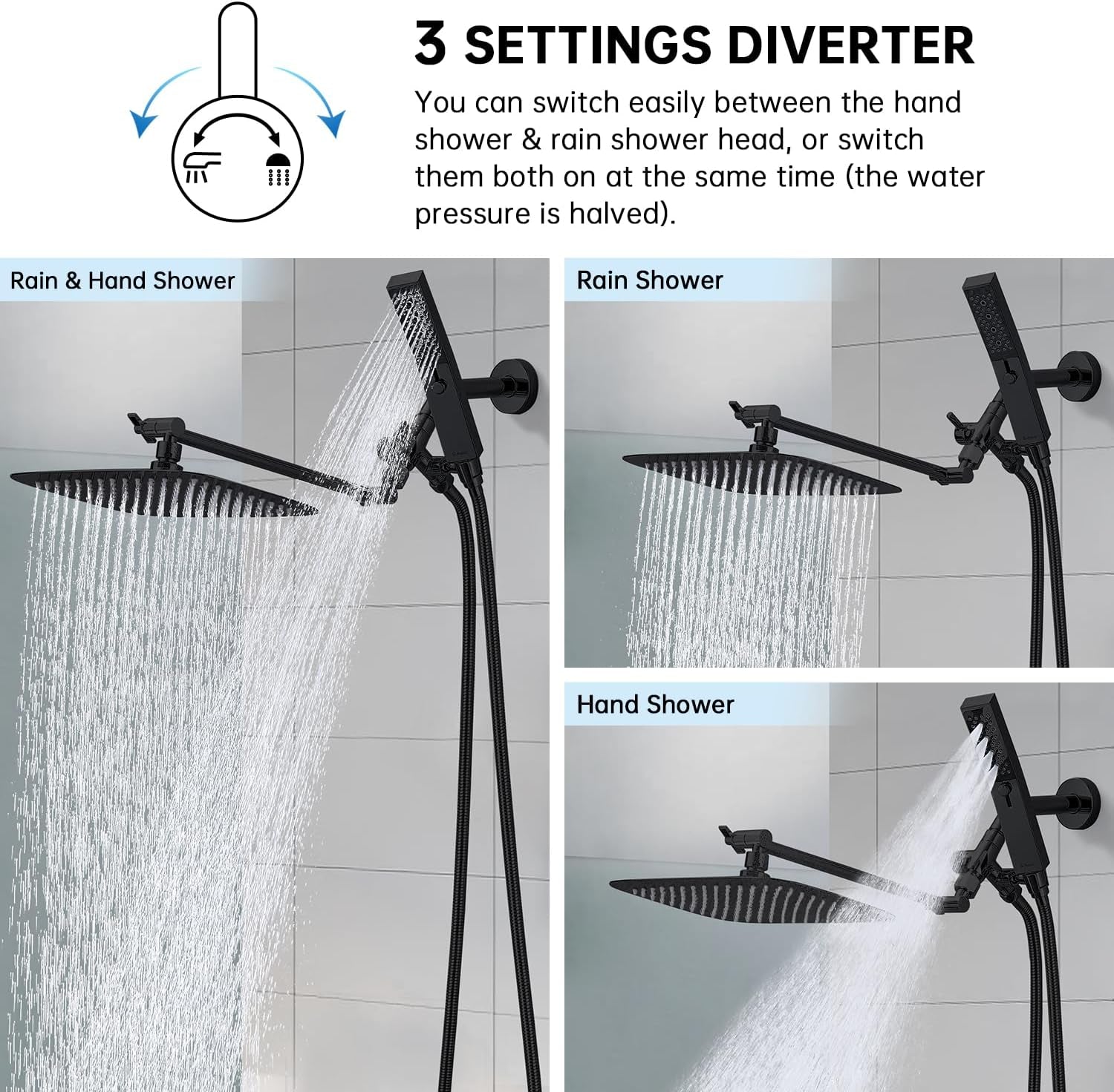 All Metal 12" Dual Shower Head Combo | Rain Shower Head | Handheld Shower Wand | Adjustable | Smooth 3-Way Diverter | 71" Extra Long Hose - a Bathroom Upgrade (Matte Black)