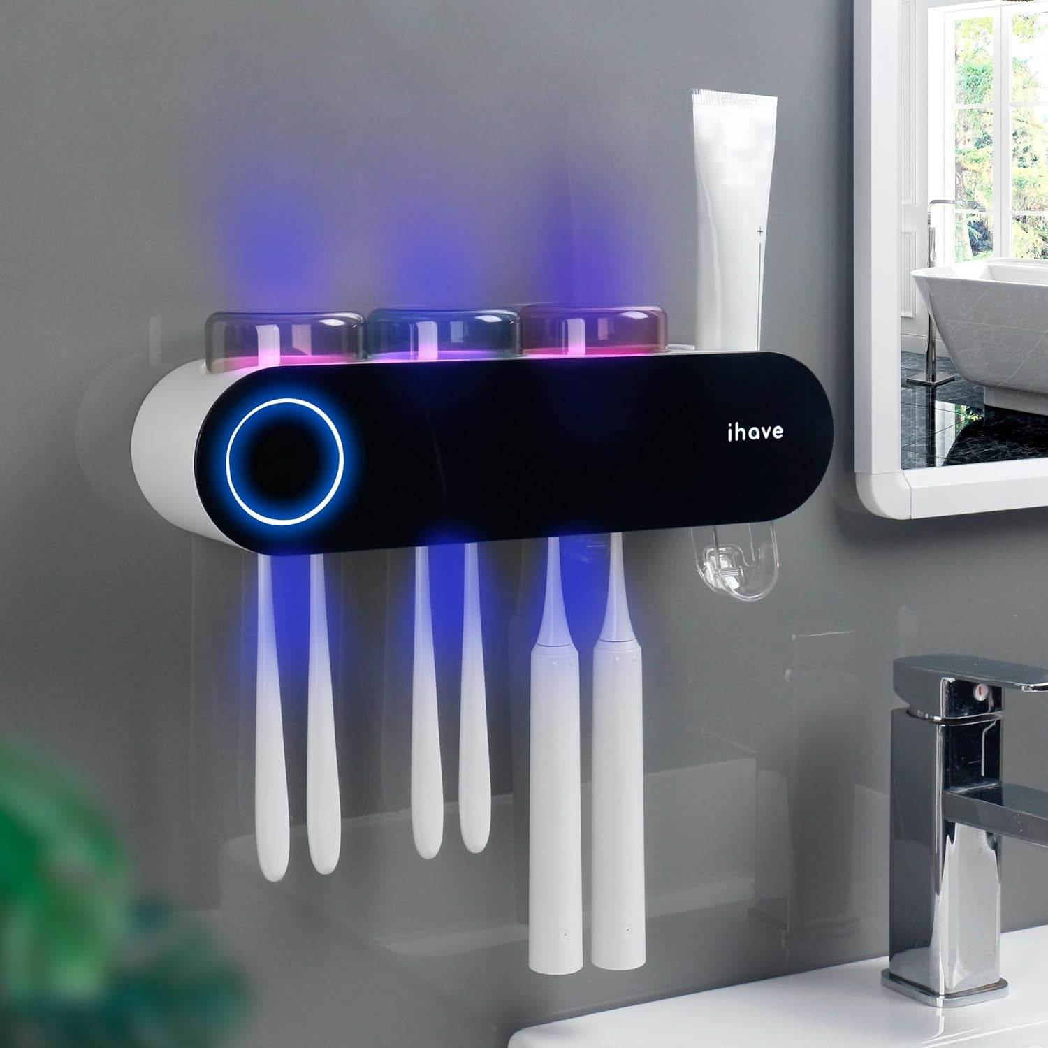 Toothbrush Holders for Bathrooms, UV Toothbrush Sanitizer and Holder Smart Home Bathroom Accessories, 3 Cups Electric Toothbrush Holder Wall Mounted with Toothpaste Dispenser Bathroom Decor