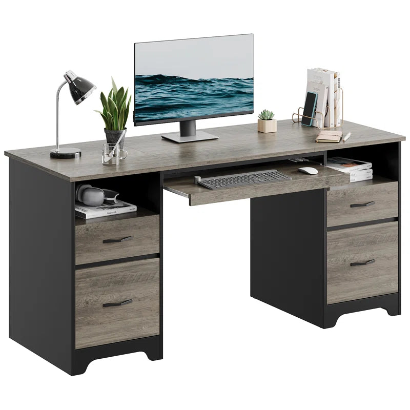 Luing 59'' Executive Desk with 2 File and Storage Drawers, Computer Desk with Keyboard Tray and 2 Open Compartments