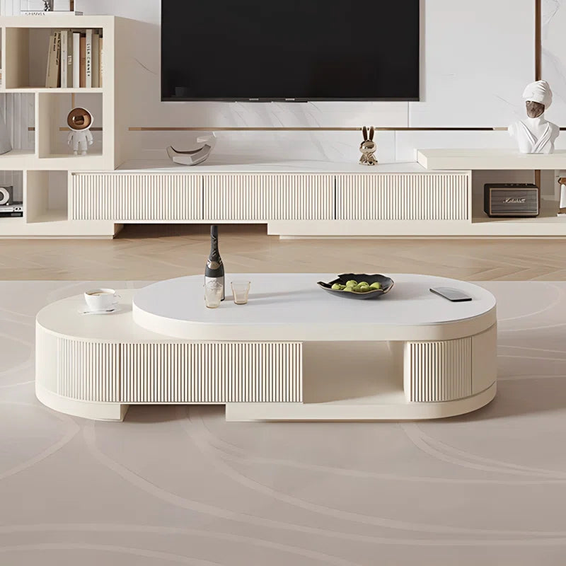 Bilawal Cream Style Oval Extendable Coffee Table Solid Wood with 4 Drawers, No-Assembly Required