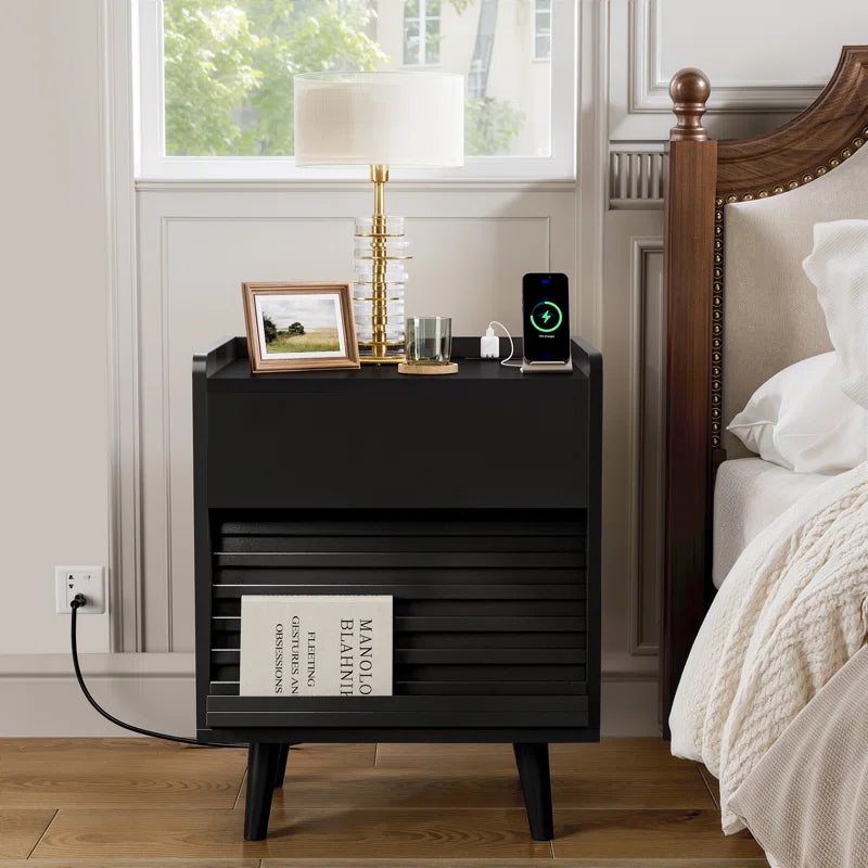 Modern Nightstand with 2 Drawers,Bedside Table with Outlets & LED Lights, File Cabinet with Slanted & Wavy Design