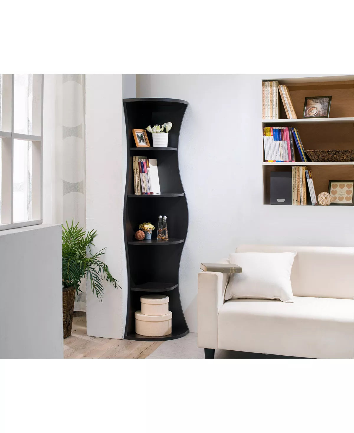 Seth 5-Shelf Corner Bookcase | Space-Saving Corner Design with Ample Storage | Modern & Stylish Display for Home or Office