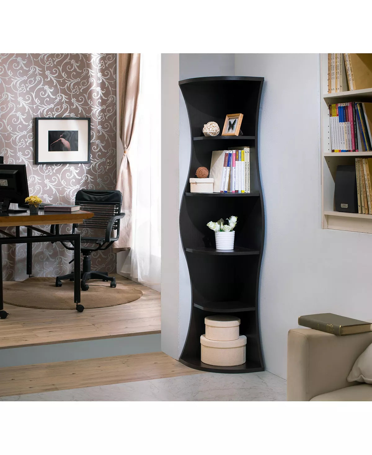 Seth 5-Shelf Corner Bookcase | Space-Saving Corner Design with Ample Storage | Modern & Stylish Display for Home or Office