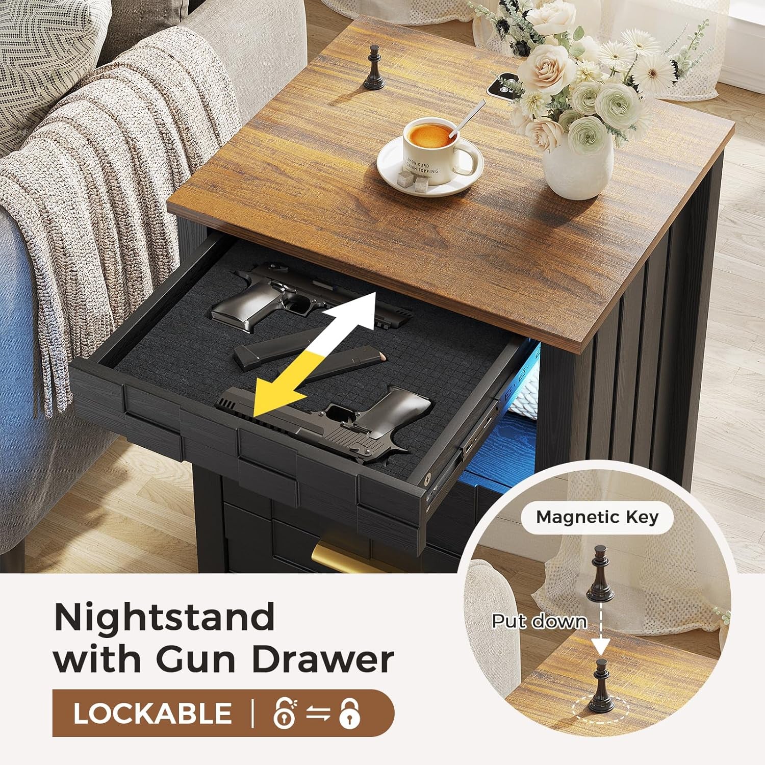 Nightstand with Gun Drawer, Bedside Table with Charging Station and 2 Drawers, Smart Side Table with 3-Color Human Sensor LED Lights for Bedroom, Black