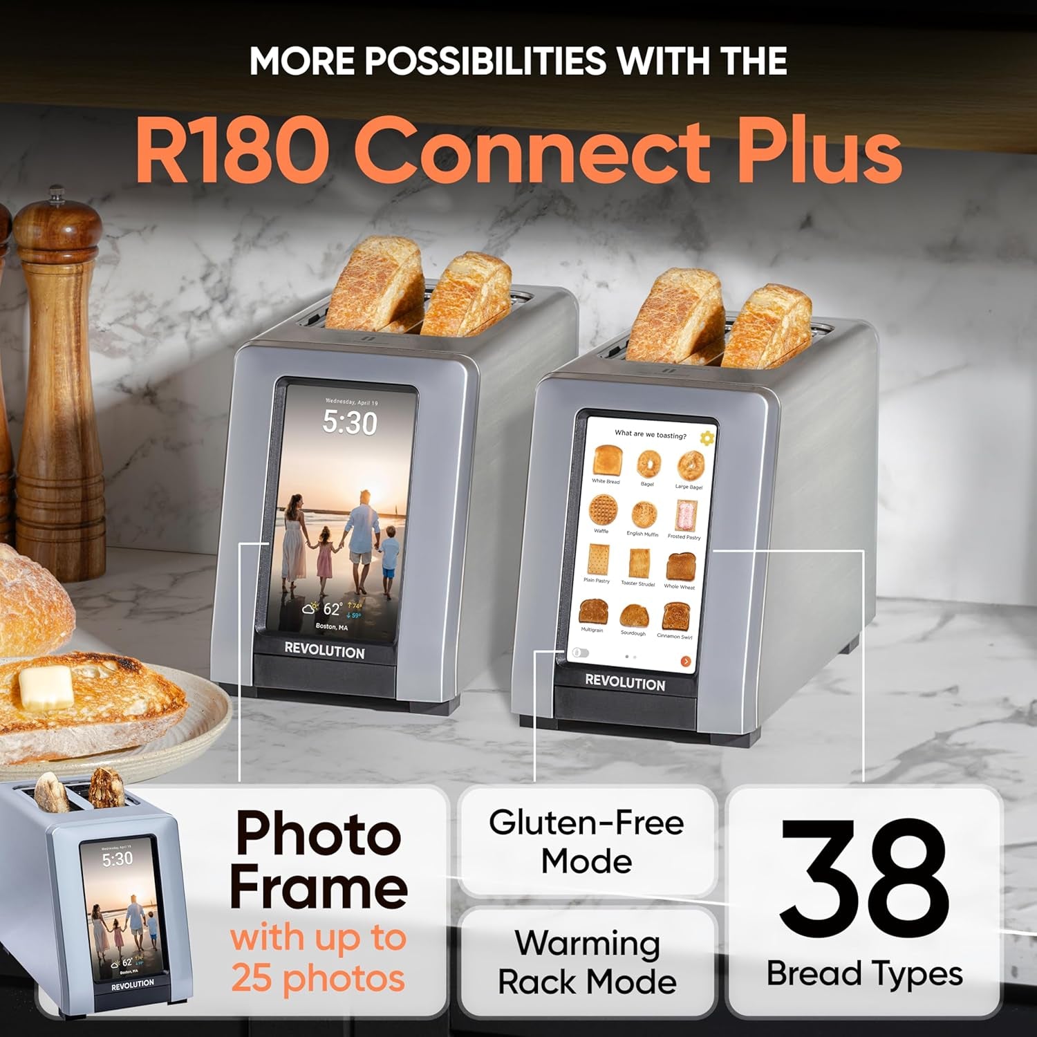 R180 Connect plus Smart Toaster with Touchscreen (Bundle with Toastie Press & Warming Rack) Choose from 40+ Bread Types, 7 Browning Levels, & Toastie Press Mode