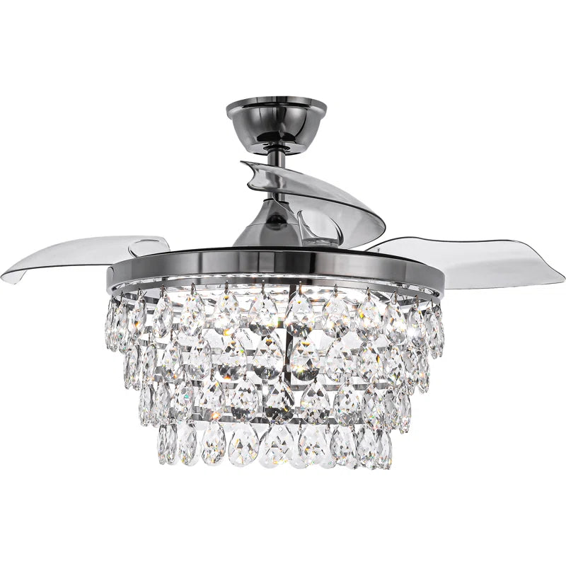 42" Luxury Retractable Ceiling Fan with Remote and Lights, Crystal Chandelier Ceiling Fan