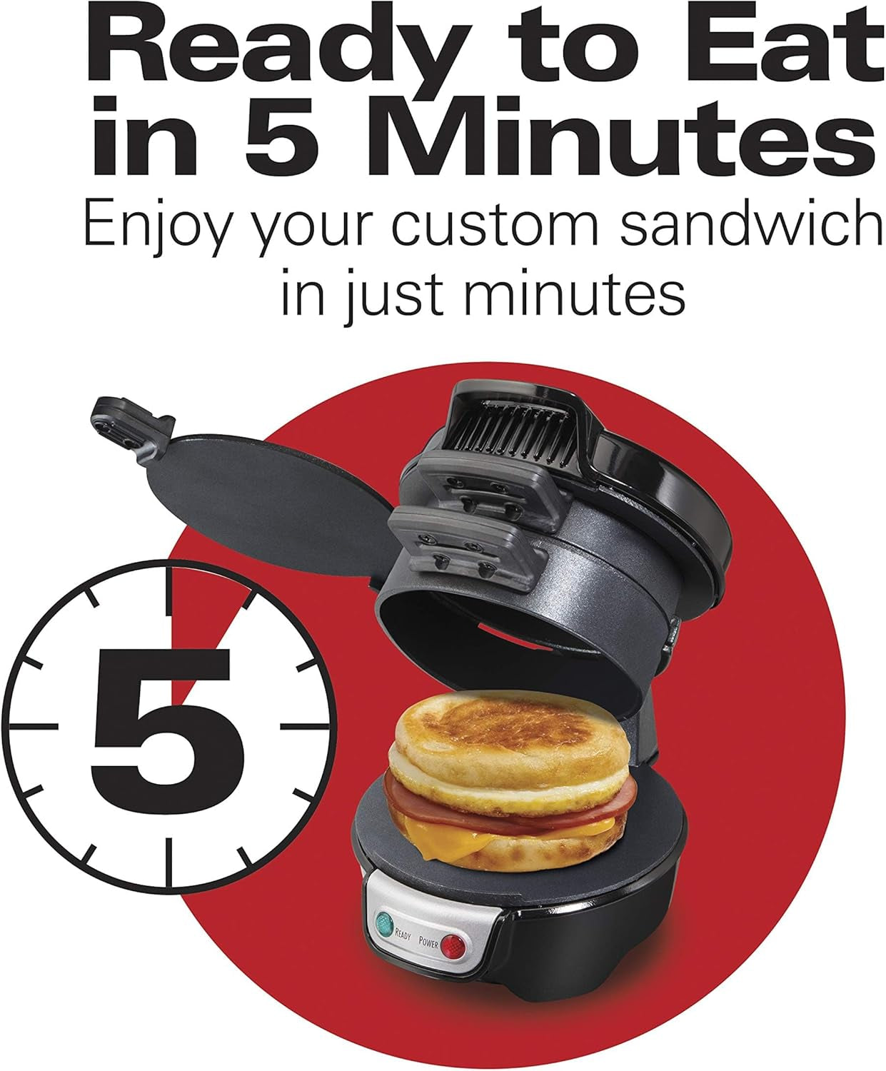 Breakfast Sandwich Maker with Egg Cooker Ring, Customize Ingredients, Perfect for English Muffins, Croissants, Mini Waffles, Perfect White Elephant Gifts, Black (25477)