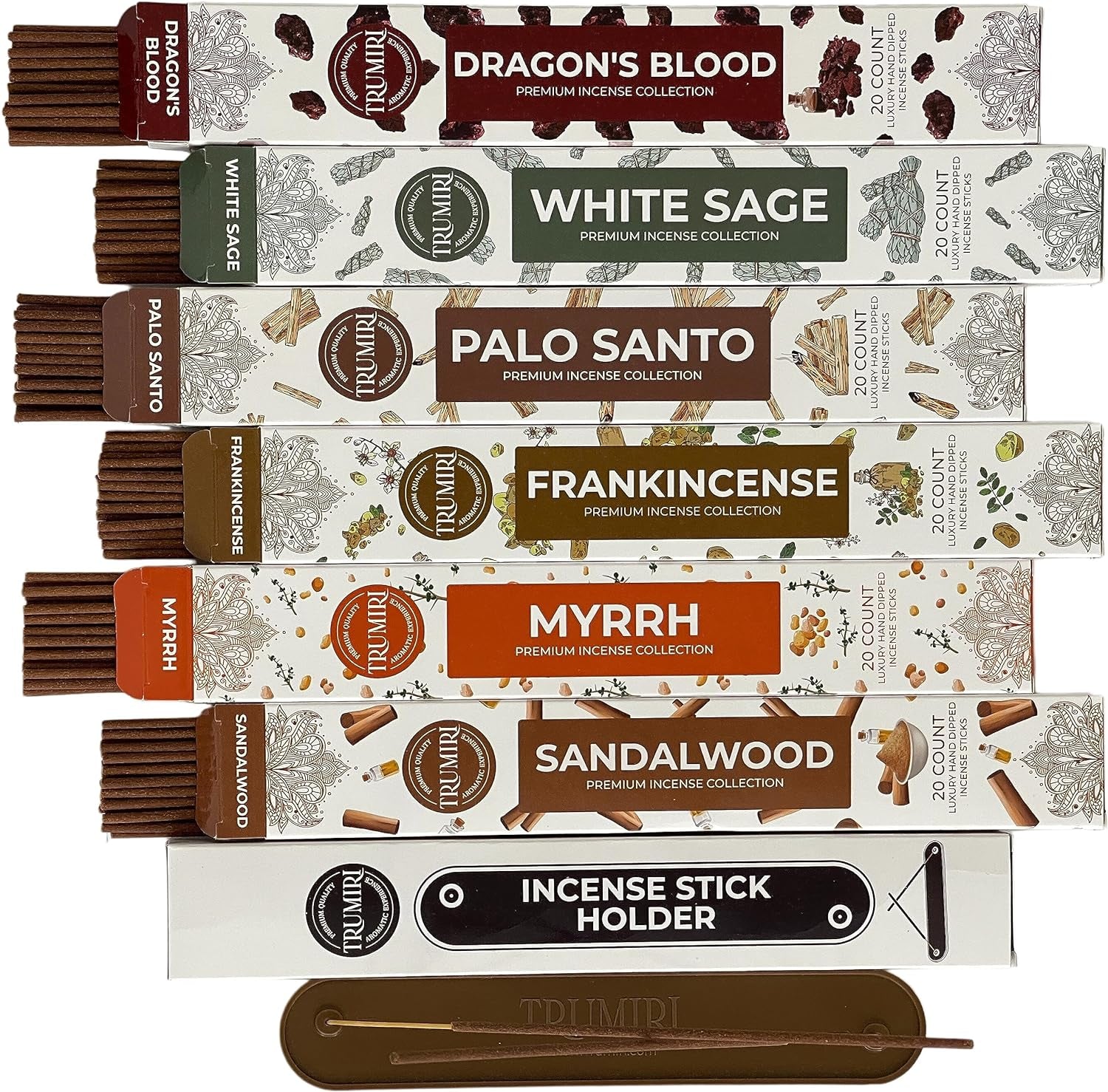 Woody Incense Sticks Variety Pack - 120 Insence-Sticks (6 Incents X 20 Insense) - White Sage Palo Santo Dragons Blood Sandalwood - Natural Inscents-Sticks Non Toxic Cleansing Incienso + Burner Holder