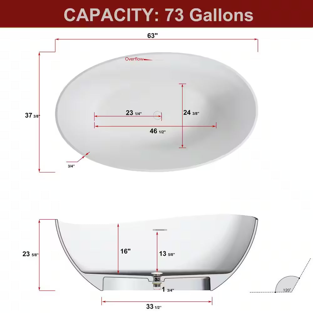 Moray 63 In. X 37 In. Solid Surface Stone Resin Flatbottom Freestanding Double Slipper Soaking Bathtub in Matte White