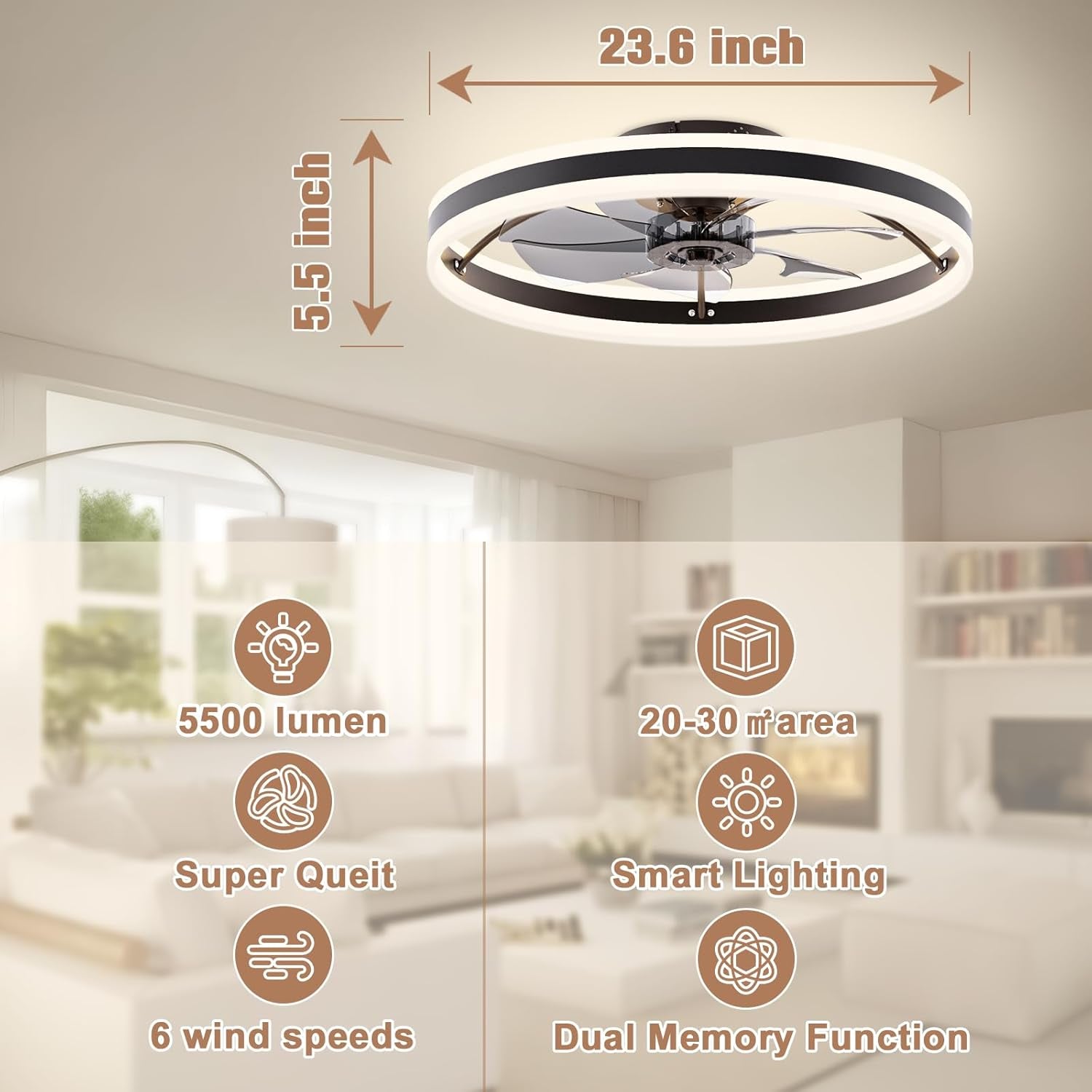 Low Profile Ceiling Fans with Lights and Remote, 23.6In Fandelier Ceiling Fan Flush Mount, 3000K-6500K Smart Bladeless LED Fan Light, Black Modern Ceiling Fans with Lights for Bedroom