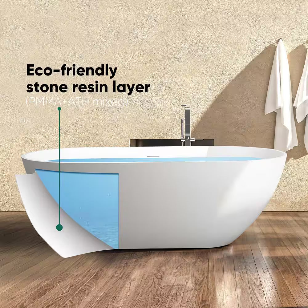 Moray 63 In. X 37 In. Solid Surface Stone Resin Flatbottom Freestanding Double Slipper Soaking Bathtub in Matte White