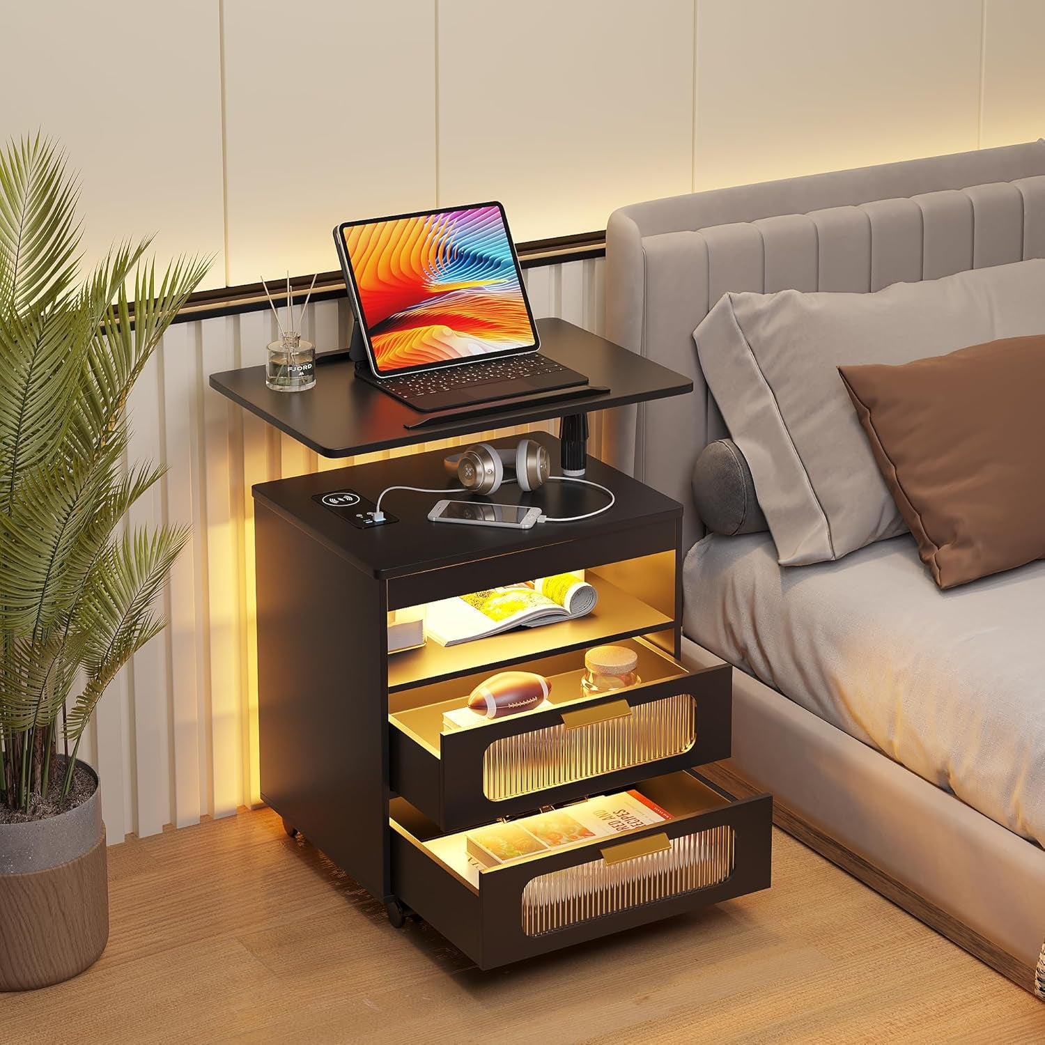 Nightstand with Wireless Charging Station, LED Nightstand Has Adjustable Rotary Workstation,Smart Night Stand with 2 Drawers,Modern Bedside Table for Bedroom, Sensor Light/Wheel (Black)