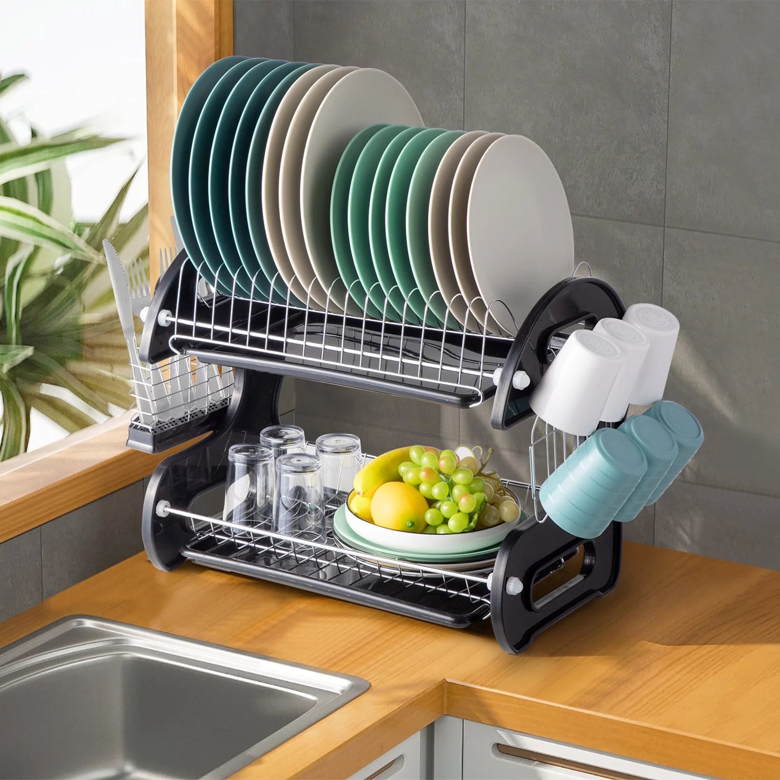 Ktaxon 2-Tier Dish Drainer Drying Rack | Large Capacity Stainless Steel Kitchen Storage with Utensil Holder & Cutting Board Organizer