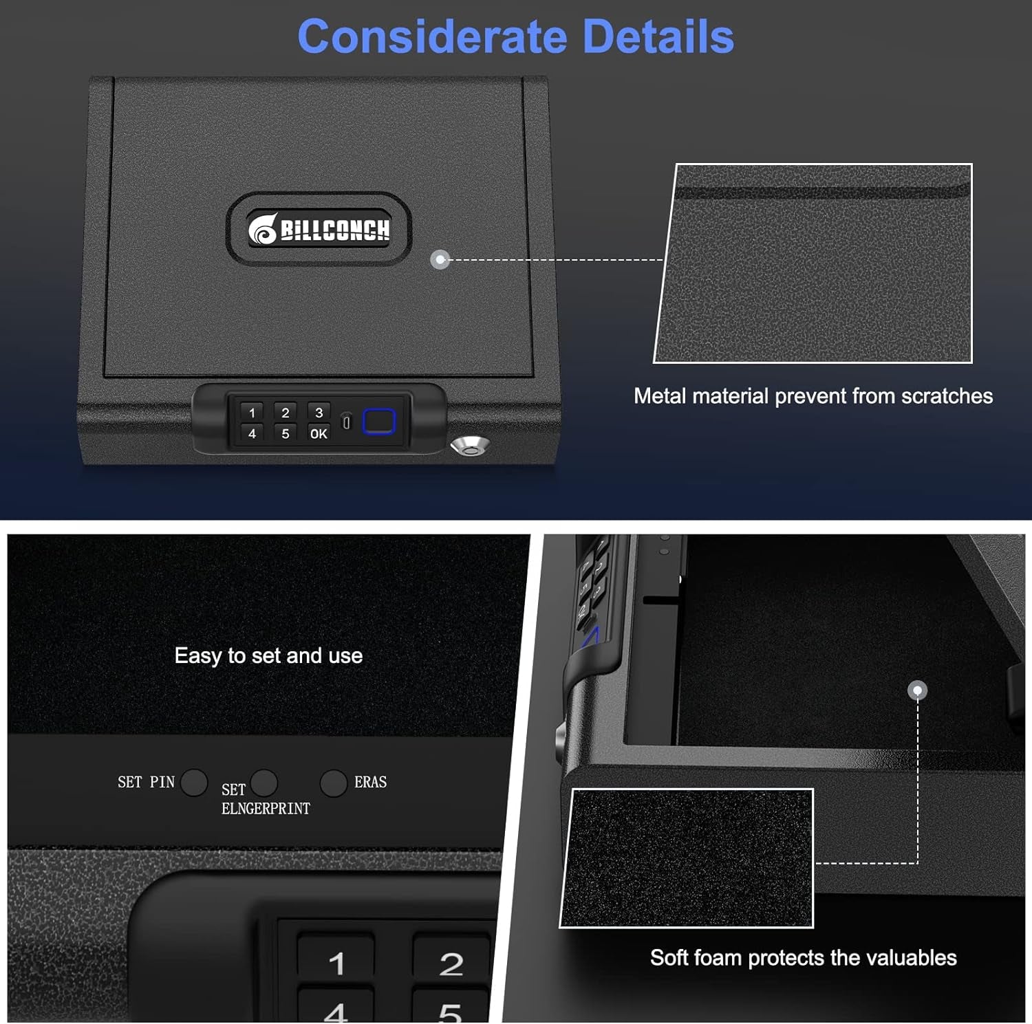 Biometric Gun Safe for Pistols 3-Ways Unlock Fingerprint Digital PIN Key Unlock Handgun Safe with Sound, Lock Box for Cloakroom Living Room Bedroom Nightstand and Car