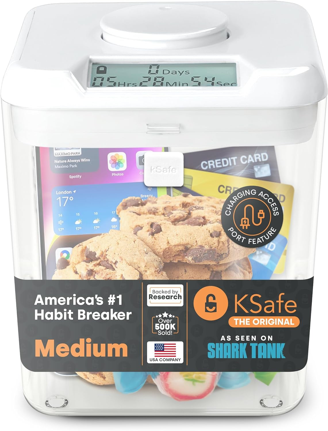 ﻿ Time Locking Container (Medium), Timed Lock Box for Cell Phones, Snacks, and Other Unwanted Temptations (White Lid + 5.5” Clear Base)