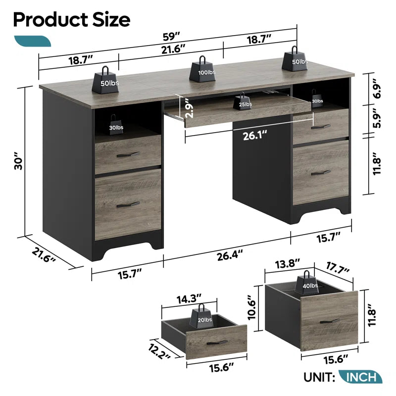 Luing 59'' Executive Desk with 2 File and Storage Drawers, Computer Desk with Keyboard Tray and 2 Open Compartments