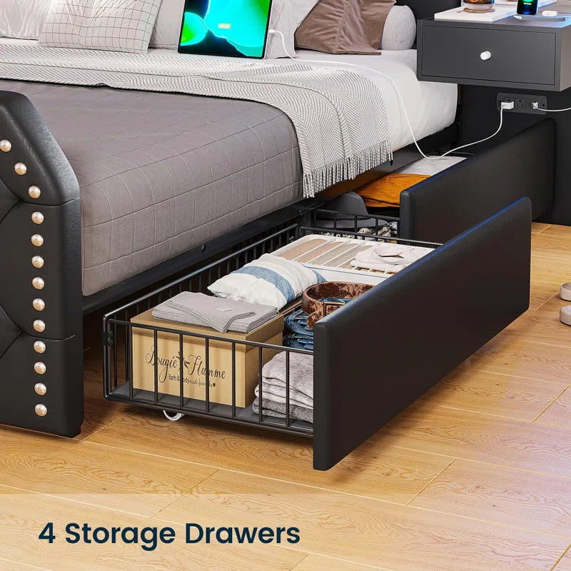 Karlton Bed with 4 Storage Drawers，Led Tall Platform Bed Frame