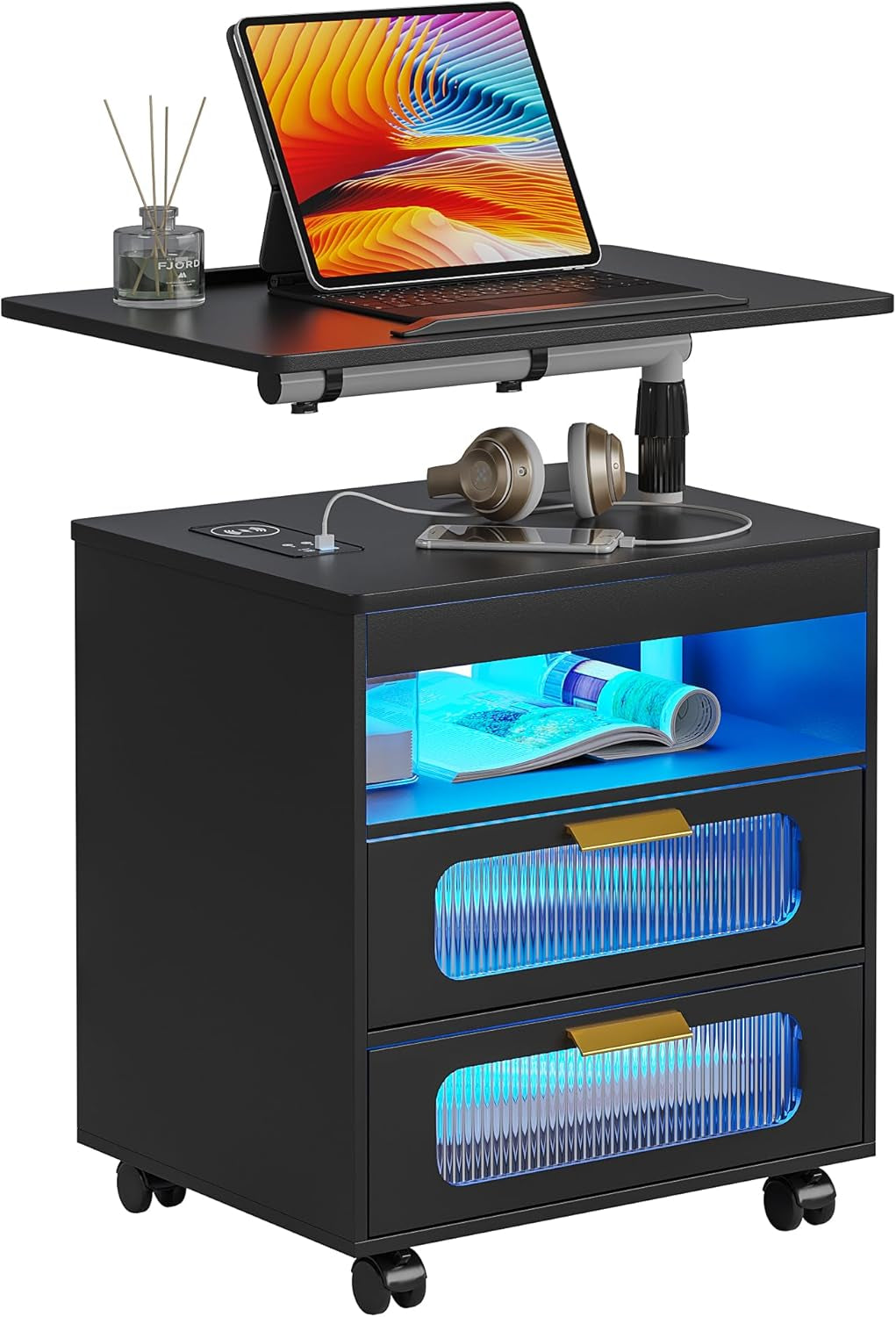 Nightstand with Wireless Charging Station, LED Nightstand Has Adjustable Rotary Workstation,Smart Night Stand with 2 Drawers,Modern Bedside Table for Bedroom, Sensor Light/Wheel (Black)