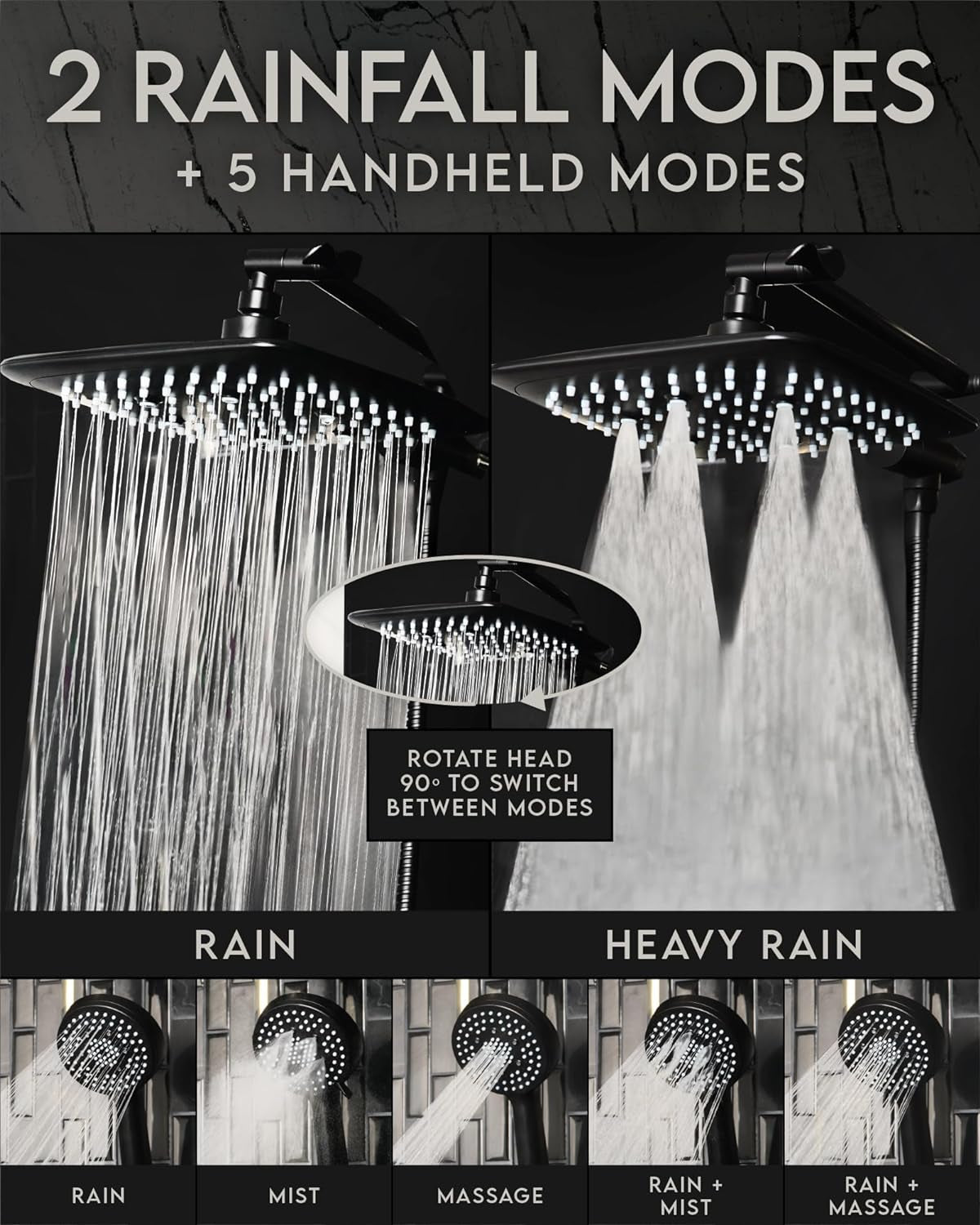 12 Inch High Pressure Rain Shower Head Combo with Extension Arm- Wide Rainfall Showerhead with 5 Handheld Water Spray