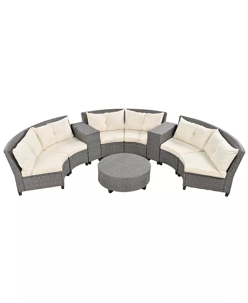 6 - Person Fan-Shaped Rattan Suit Combination with Cushions and Table,Suitable for Garden