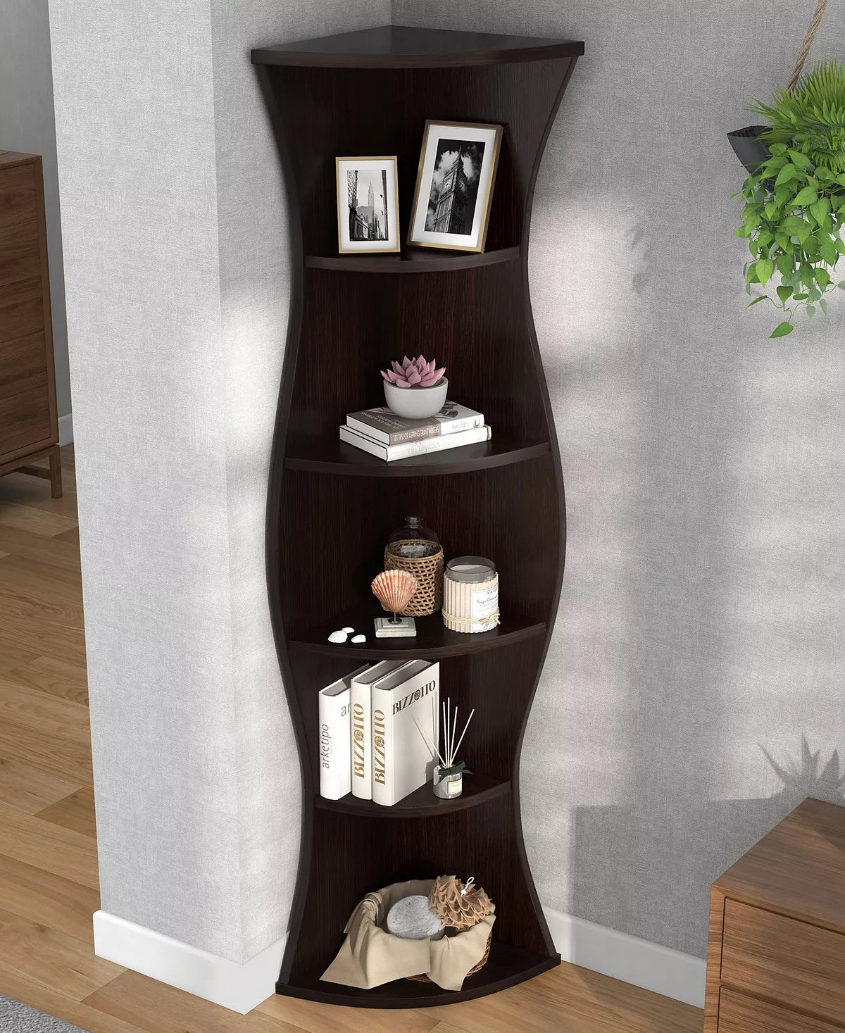 Seth 5-Shelf Corner Bookcase | Space-Saving Corner Design with Ample Storage | Modern & Stylish Display for Home or Office