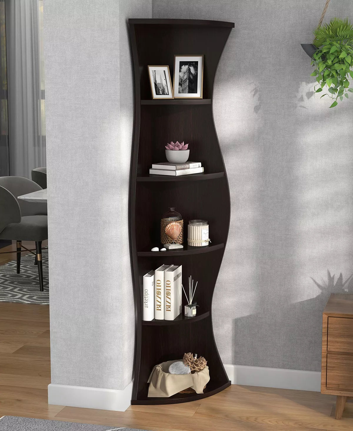 Seth 5-Shelf Corner Bookcase | Space-Saving Corner Design with Ample Storage | Modern & Stylish Display for Home or Office