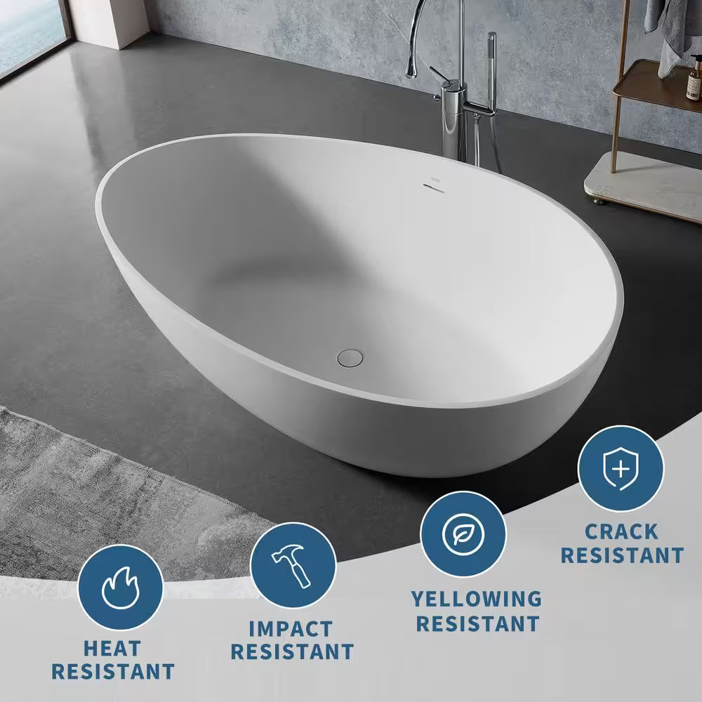 Moray 63 In. X 37 In. Solid Surface Stone Resin Flatbottom Freestanding Double Slipper Soaking Bathtub in Matte White