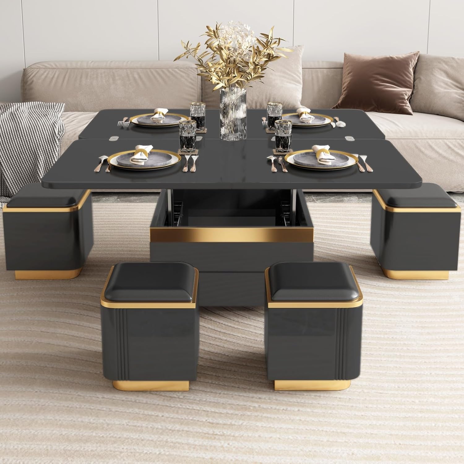 Lift Top Coffee Table with 4 Stools Hidden Storage, Rising Tabletop Table for Small Space,Center-Tables,Low Desk Sofa-Table,Black, 47.24In L