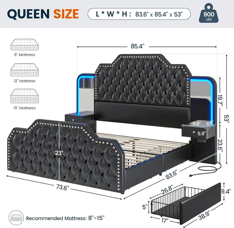 Karlton Bed with 4 Storage Drawers，Led Tall Platform Bed Frame