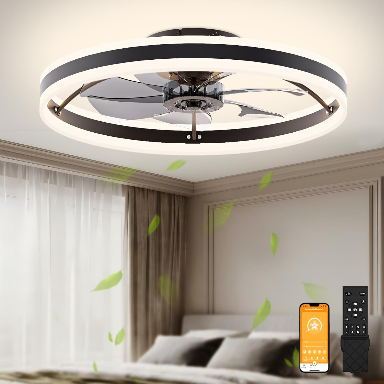 Low Profile Ceiling Fans with Lights and Remote, 23.6In Fandelier Ceiling Fan Flush Mount, 3000K-6500K Smart Bladeless LED Fan Light, Black Modern Ceiling Fans with Lights for Bedroom