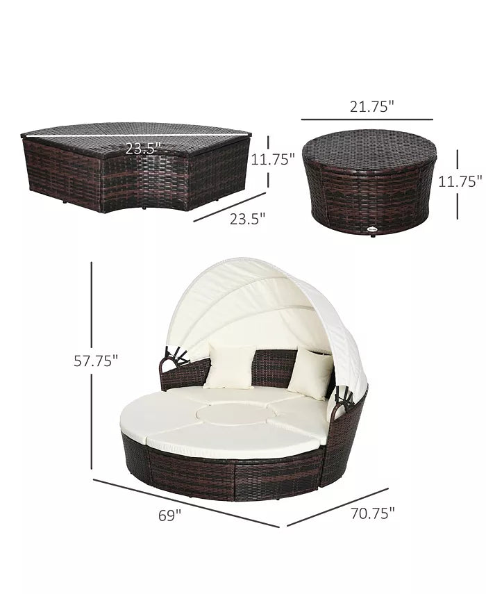 4-Piece Rattan Patio Furniture Set, round Convertible Daybed or Sunbed with Adjustable Sun Canopy, Sectional Sofa, 2 Chairs, Table, 3 Pillows, Cream White