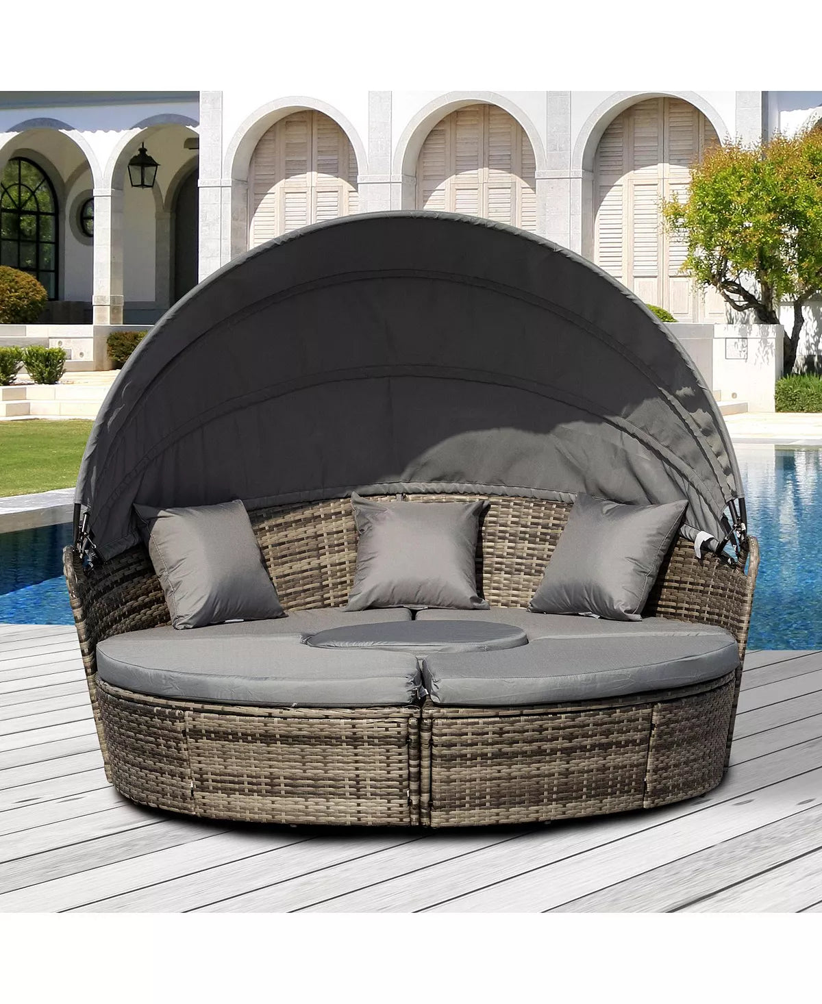 4-Piece Rattan Patio Daybed & Sectional Set | Convertible Sunbed with Adjustable Canopy, Sofa, Chairs, & Table | Outdoor Luxury with Cushions & Pillows