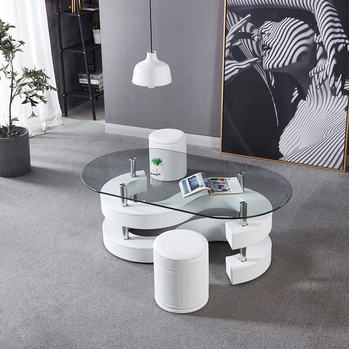 3-Piece Coffee Table Set | Elegant Oval Tempered Glass Table with 2 Leather Stools | Stylish, Space-Saving Design for Modern Living Rooms