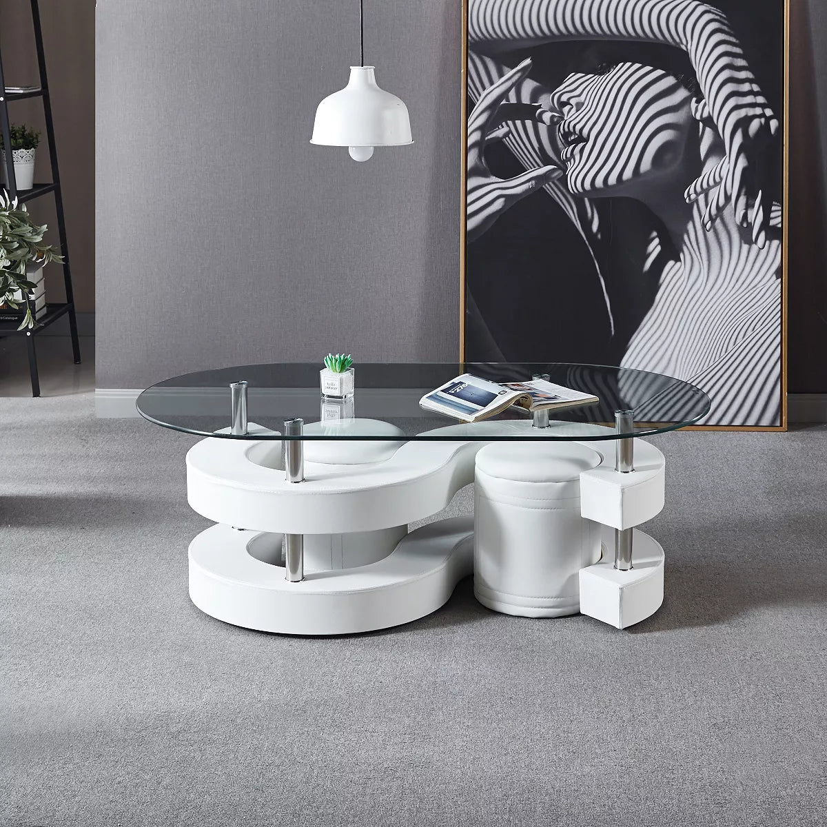 3-Piece Coffee Table Set | Elegant Oval Tempered Glass Table with 2 Leather Stools | Stylish, Space-Saving Design for Modern Living Rooms