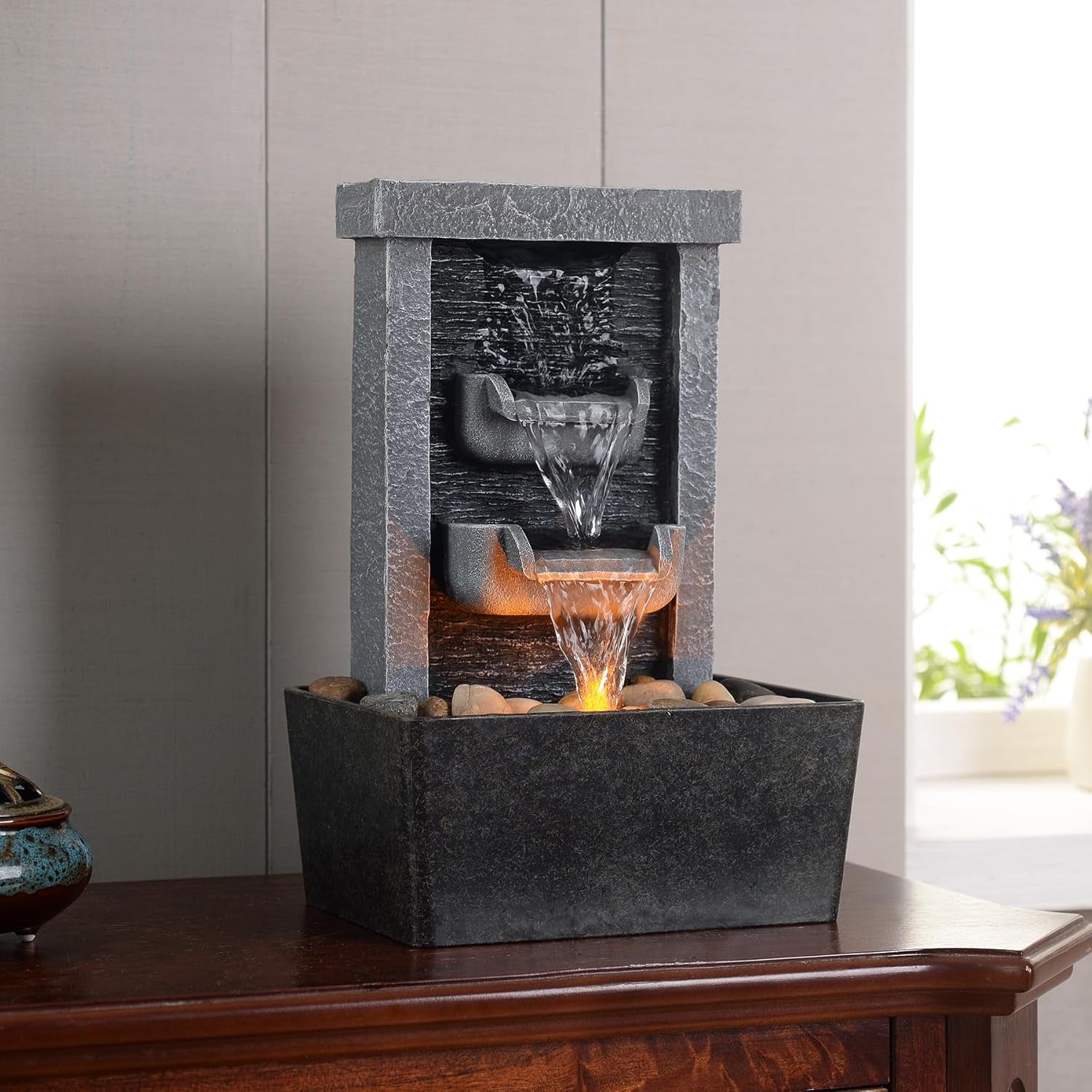 Home Décor 10.3 in Indoor Waterfall Fountain Relaxation High Pressure Water Pumps Tabletop Fountain Nature Feeling Water Fountains with Reflective Lighting/River Rocks Home/Office Decoration