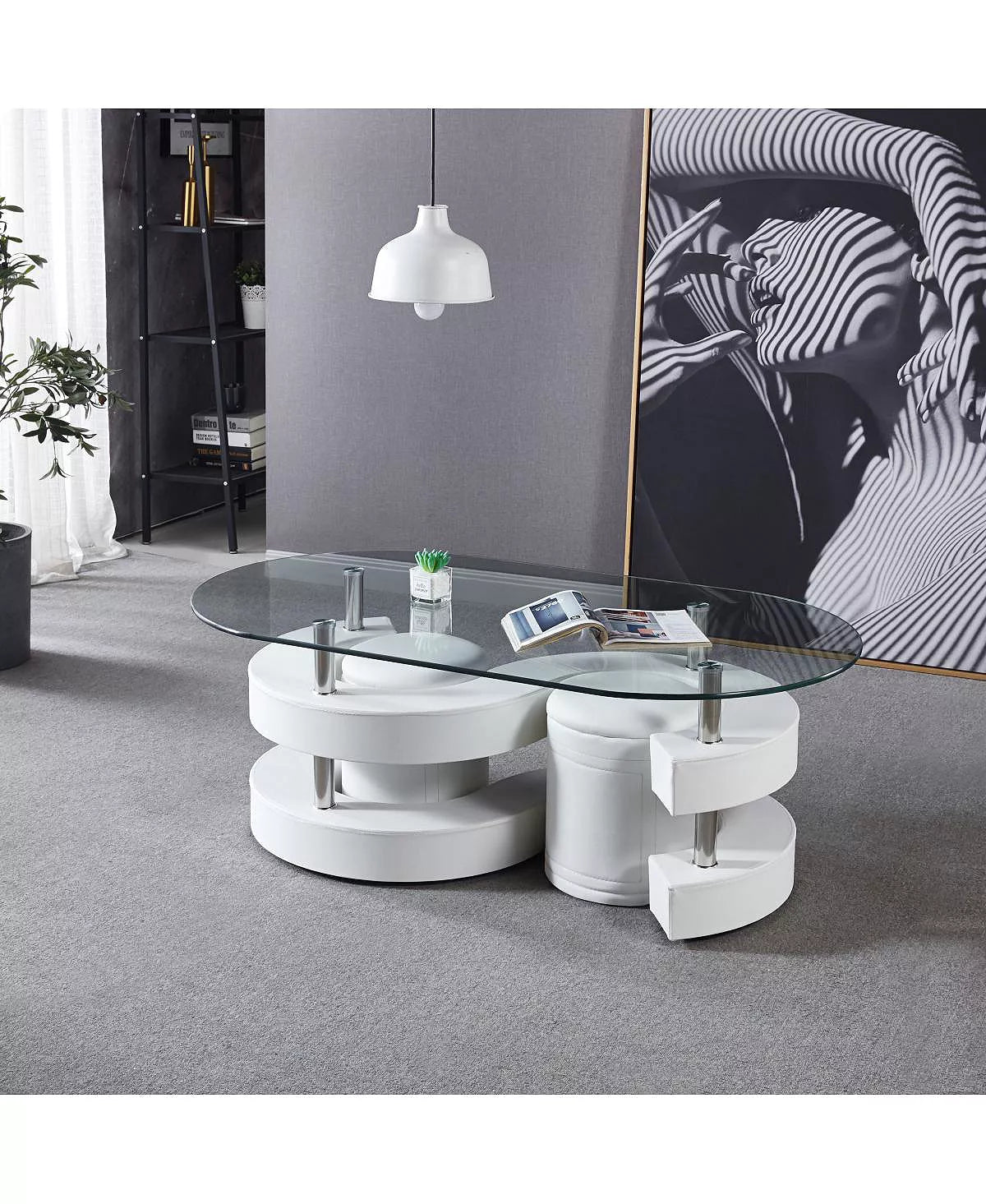 3-Piece Coffee Table Set | Elegant Oval Tempered Glass Table with 2 Leather Stools | Stylish, Space-Saving Design for Modern Living Rooms