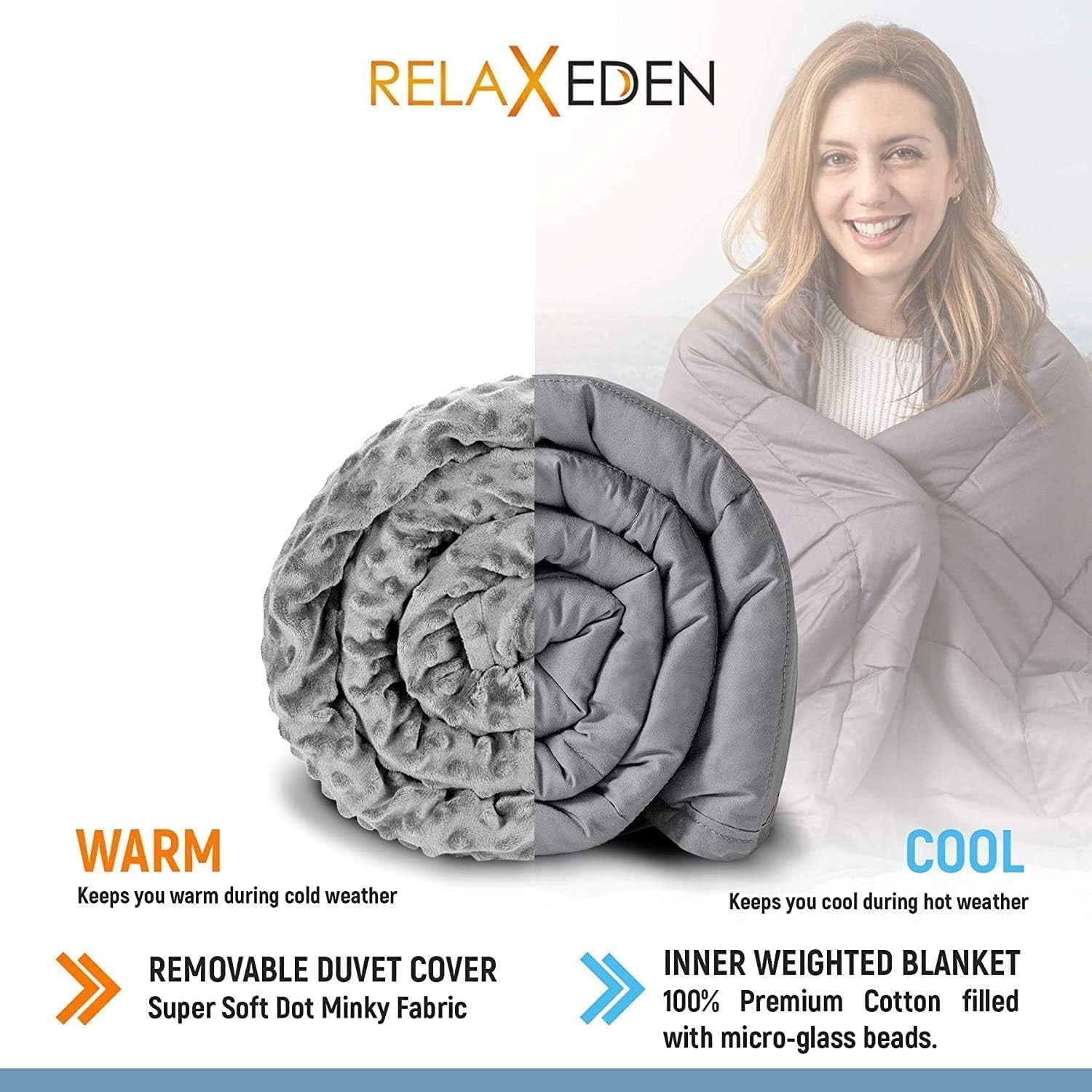 Relaxeden® Adult Weighted Blanket W/Removable, Washable Duvet Cover| 20 Lbs, 60”X 80” Size| Heavy Glass Micro-Beads| Supreme Sleeping Comfort for Adults| Hot & Cold Sleeping| 100% Soft Cotton Build