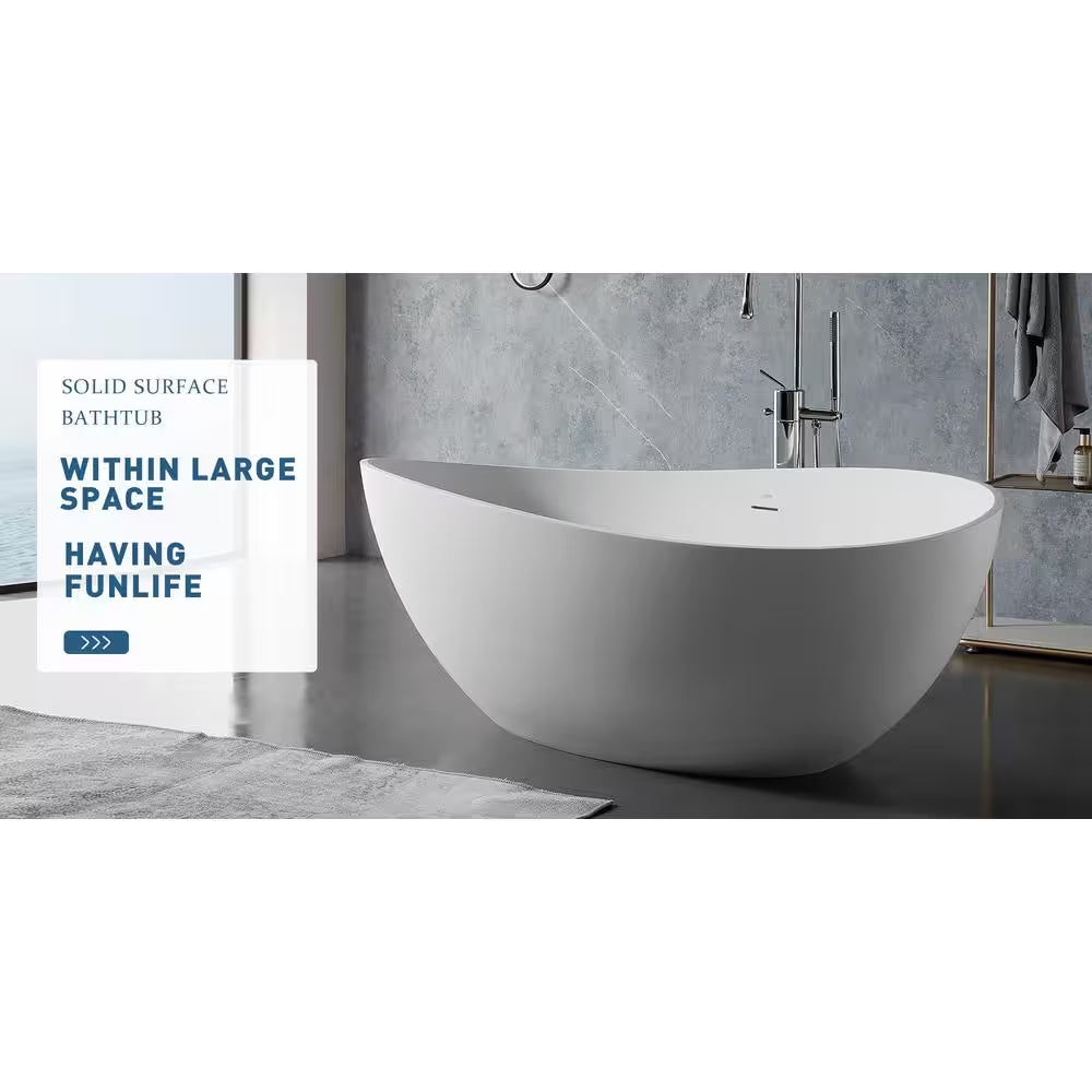 Moray 63 In. X 37 In. Solid Surface Stone Resin Flatbottom Freestanding Double Slipper Soaking Bathtub in Matte White