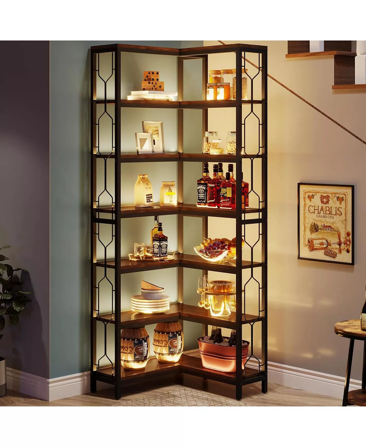 7-Tier Industrial Corner Bookshelf | Freestanding Wood & Metal Corner Shelf | Space-Saving Display for Living Room, Kitchen, or Home Office