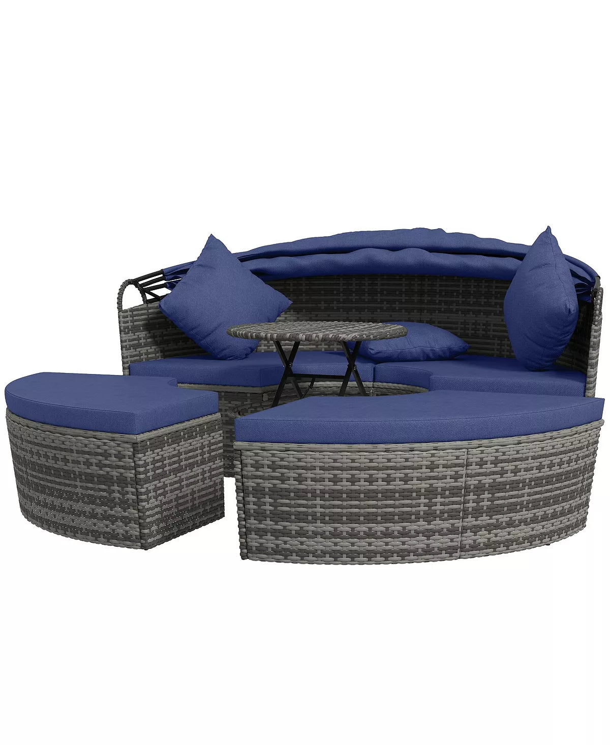 4-Piece Rattan Patio Daybed & Sectional Set | Convertible Sunbed with Adjustable Canopy, Sofa, Chairs, & Table | Outdoor Luxury with Cushions & Pillows