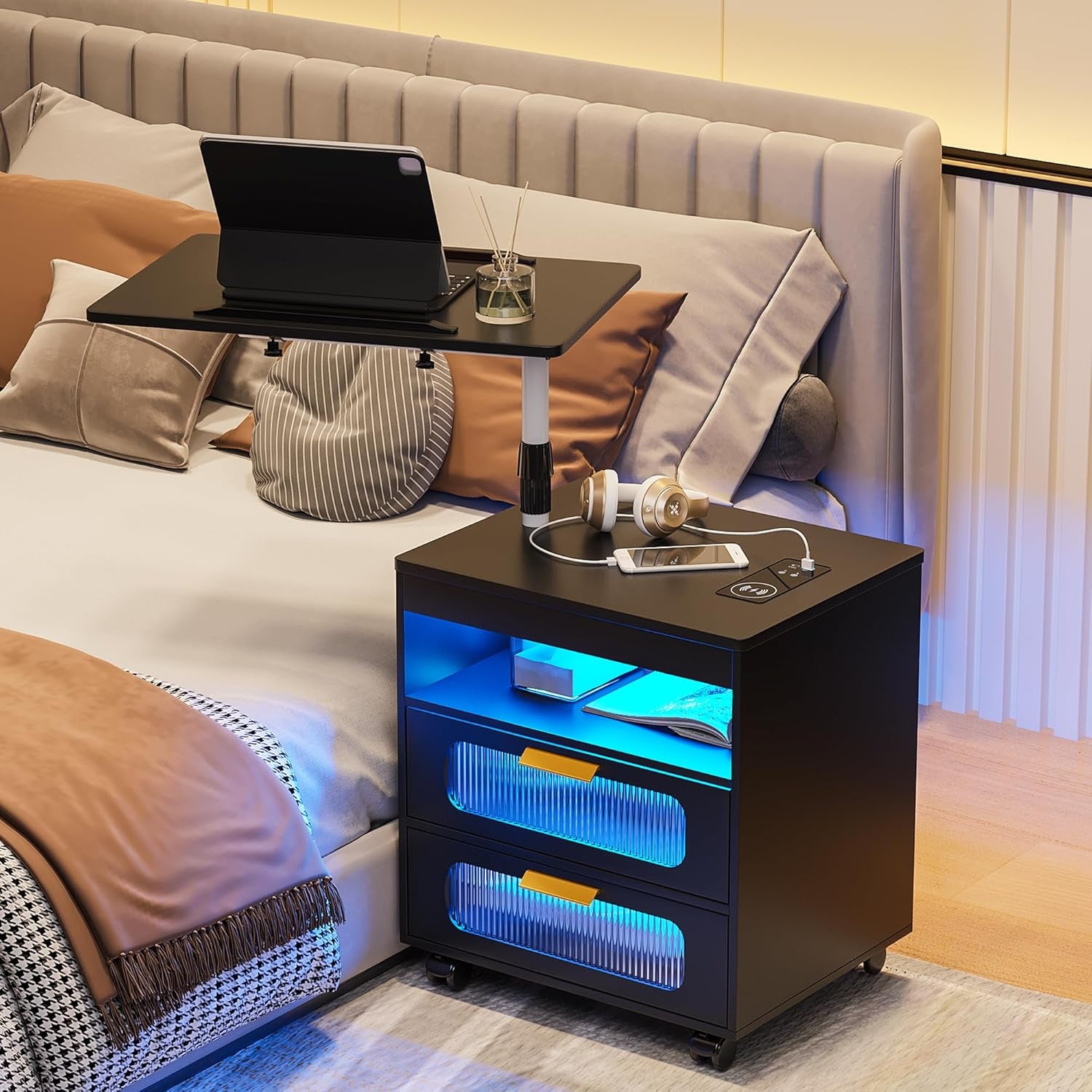 Nightstand with Wireless Charging Station, LED Nightstand Has Adjustable Rotary Workstation,Smart Night Stand with 2 Drawers,Modern Bedside Table for Bedroom, Sensor Light/Wheel (Black)